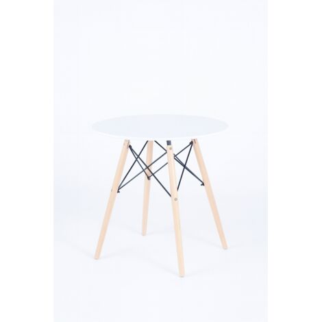Table d'appoint table de salle à manger blanche avec pieds en bois naturel coloris Blanc - Diamètre 80 x Hauteur 75 cm