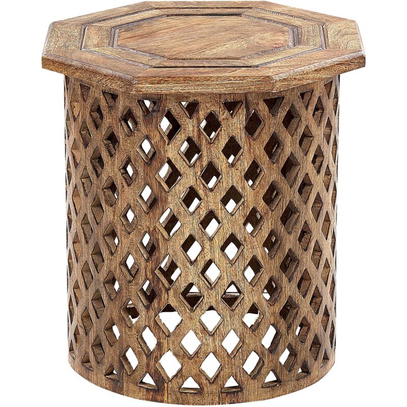 Beliani - Table d'Appoint Teinte Sombre Dorée en Bois de Manguier Ronde à Base Ajourée Khanpur