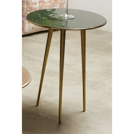 Table d'appoint verte à 3 portes. Doré. Dimensions : 40 x 50 cm.