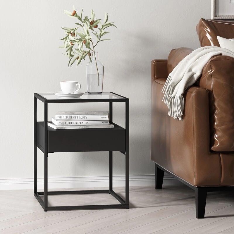 Table d'appoint Vissenbjerg acier laqué verre trempé 51 x 40 x 40 cm noir mat [en.casa]