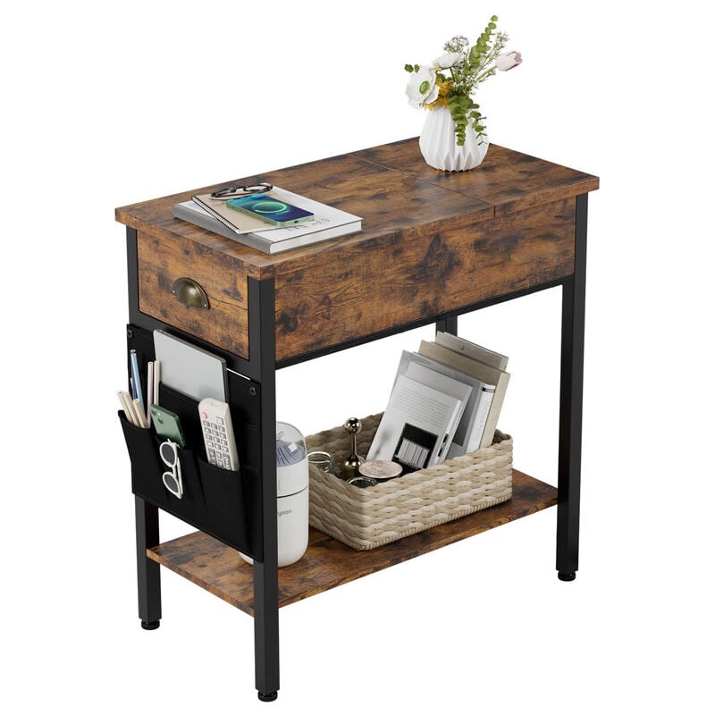 Table d'appoint,Table Basse avec Pochette, Bout de Canapé, Plateau Rabattable, 60X32X60cm,Marron Rustique