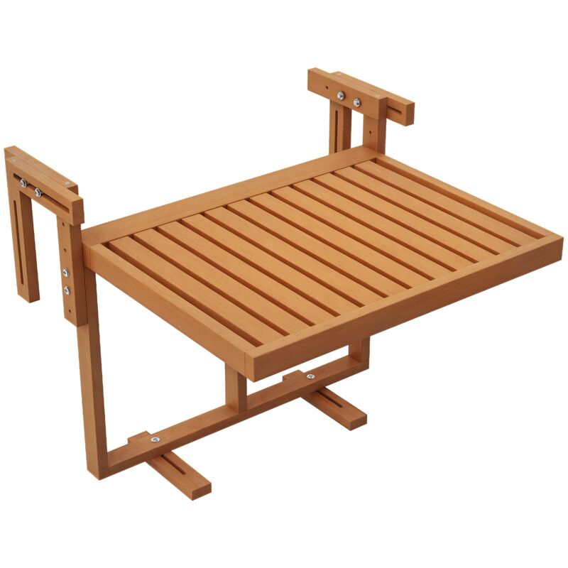 Table de balcon suspendue hauteur réglable dim. 68L x 65l x 40.5 -55H cm bois de sapin verni coloris teck
