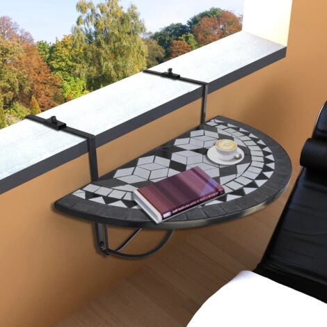 Table de balcon suspendue Table de jardin  Table d'extérieur Noir et blanc Mosaïque 86505