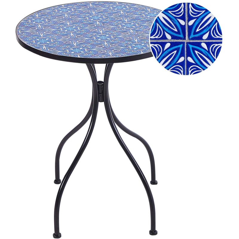 Beliani – Table de jardin vintage ronde en métal avec plateau en mosaïque céramique – 2 places – Résistante aux intempéries – Dimensions 60x60x75cm