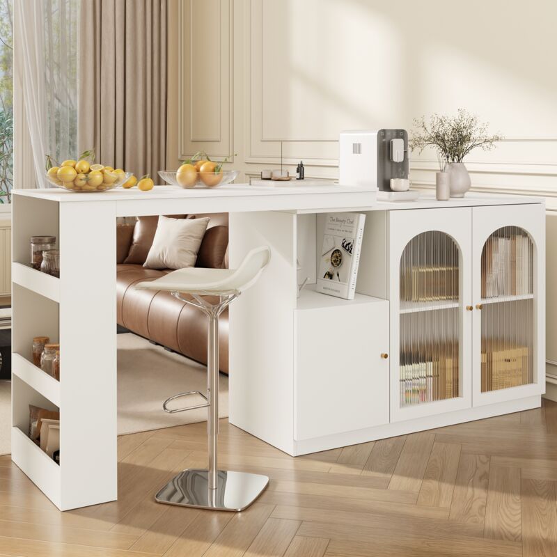 Table de bar 120x40x97 cm, avec design pivotant à 360°, 2 portes en verre, étagères ouvertes, armoire fermée, style moderne et épuré, idéale pour