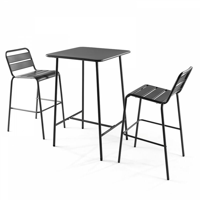 Ensemble table de bar et 2 chaises hautes en métal gris - Palavas - Gris Anthracite