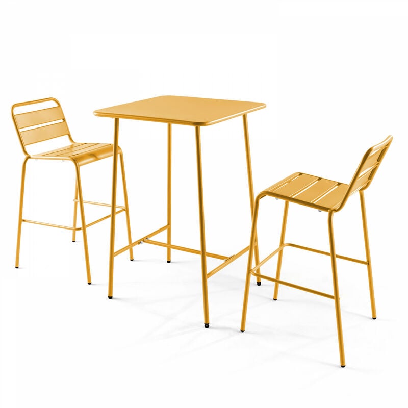 Oviala - Ensemble table de bar et 2 chaises hautes en métal jaune - Palavas - Jaune