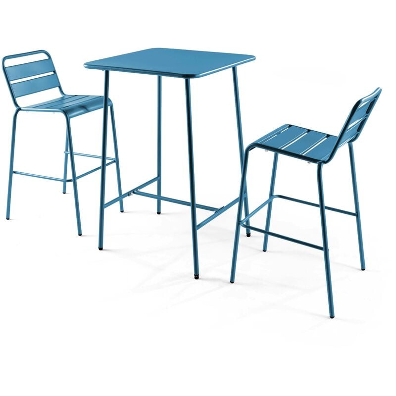 Ensemble table de bar et 2 chaises hautes en métal bleu pacific - Palavas - Bleu Pacific