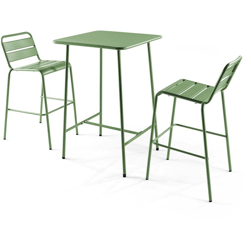 Ensemble table de bar et 2 chaises hautes en métal vert cactus - Palavas