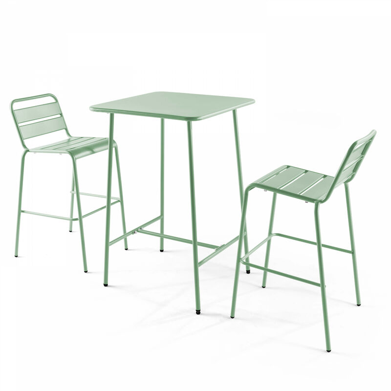 Ensemble table de bar et 2 chaises hautes en métal vert sauge - Palavas - Vert Sauge