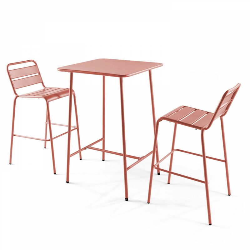 Oviala - Ensemble table de bar et 2 chaises hautes en métal argile - Palavas - Rose