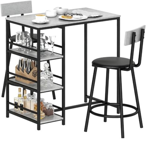 Table de Bar avec 2 Tabourets, Plan de Travail, 3 Étagères, Tabourets avec Dossier, Gris Clair