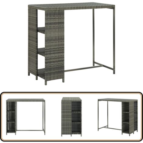 Table de bar avec rangement Gris 120x60x110 cm Résine tressée - Table De Bar - Table Bistro - Table À Manger - Table Avec Rangement - Table Résin Tressée