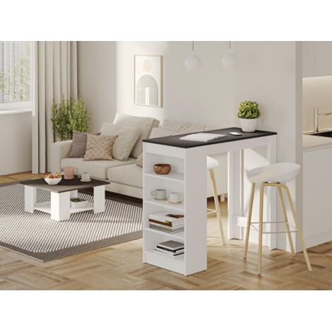 Table de bar avec rangements – Piètement blanc – Plateau effet béton – Dimensions 112x50x102.7 cm – Pour 4 personnes – Temahome