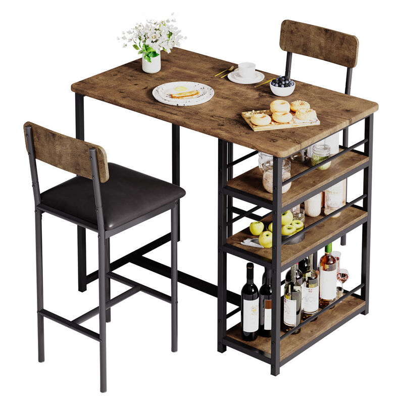 Table de bar avec tabourets de bar, table haute avec 2 tabourets de bar et 3 étagères latérales, 3 pièces, table de cuisine, ensemble de sièges