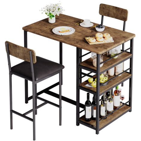 Table de bar avec tabourets de bar, table haute avec 2 tabourets de bar et 3 étagères latérales, 3 pièces, table de cuisine, ensemble de sièges industriels pour salle à manger, cuisine