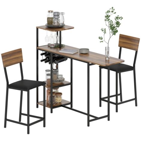 Table de bar avec tabourets, set 3 pièces, table pliante avec porte-verres et rangement bouteilles, 2 tabourets, cadre en acier, design moderne, ensemble salle à manger pour cuisine et salon, marron