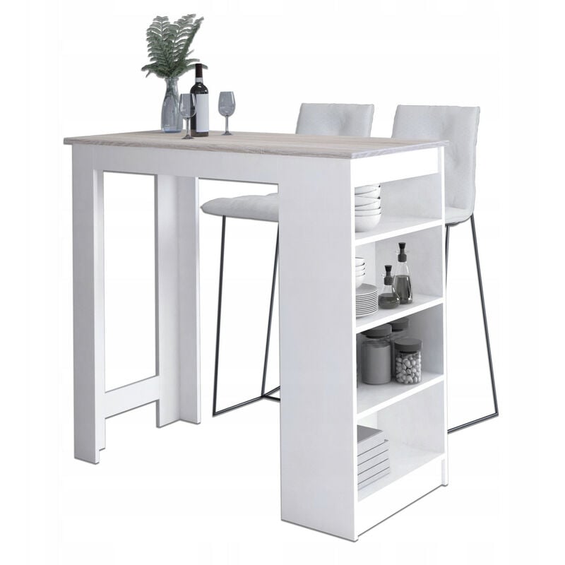 Akord - Table de bar pour le tabouret Blanche 115 cm façade Chêne Sonoma 4 étagères 115x50x103 cm