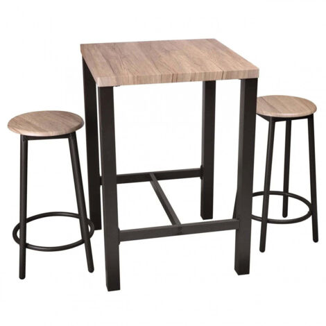Table de Bar Carrée + 2 Tabourets de Bar en Bois et Métal Noir