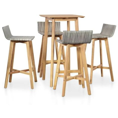 Table de bar carrée et 4 chaises de jardin acacia massif clair et résine tressée gris Vidot