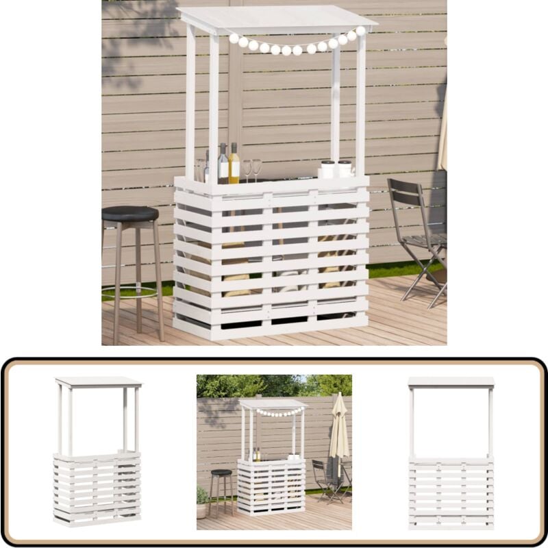 Table de bar d'extérieur avec toit blanc bois massif - Table De Bar Extérieur - Table De Jardin - Mobilier De Jardin - Table Avec Toit - Table En