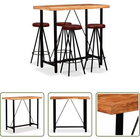 Table de bar en bois d'acacia -  Ensemble de bar 5 pcs Bois d'acacia massif et cuir véritable