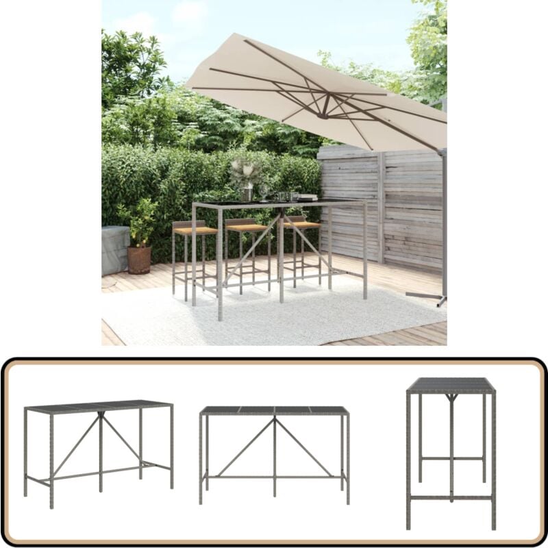 Table de bar et dessus en verre gris 180x70x110 cm poly rotin - Table De Jardin - Table Bistrot - Table De Bar - Mobilier De Jardin - Table En Verre