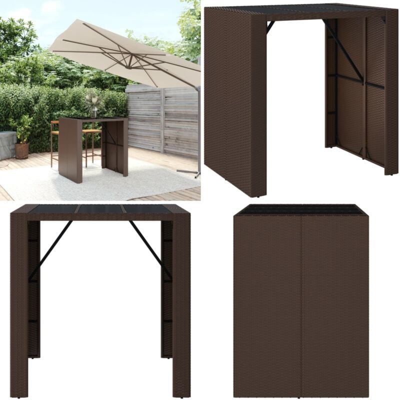 Table de bar et dessus en verre marron 105x80x110 cm poly rotin - Table De Bar - Table Extérieure - Mobilier De Jardin - Table Bistrot - Table Ronde