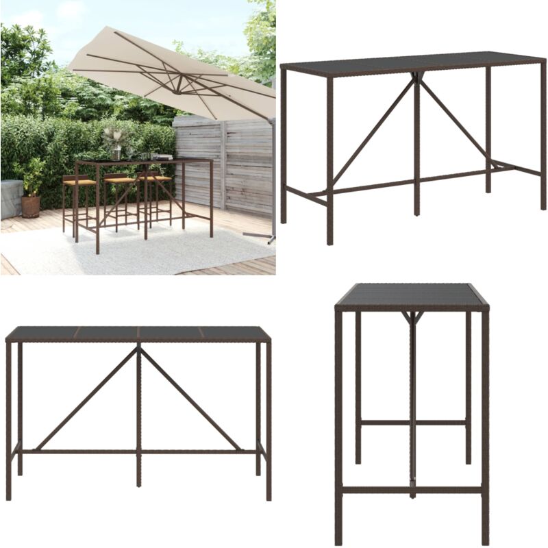 Table de bar et dessus en verre marron 180x70x110 cm poly rotin - Table De Jardin - Table Bistrot - Table De Bar - Mobilier De Jardin - Table En
