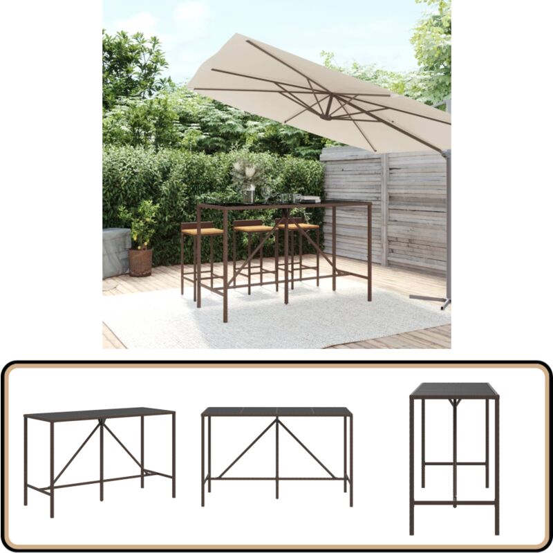 Table de bar et dessus en verre marron 180x70x110 cm poly rotin - Table De Jardin - Table Bistrot - Table De Bar - Mobilier De Jardin - Table En Verre