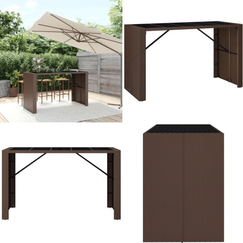 Table de bar et dessus en verre marron 185x80x110 cm poly rotin - Table De Bar - Table Extérieur - Table Bistrot - Table Jardin - Mobilier De Jardin