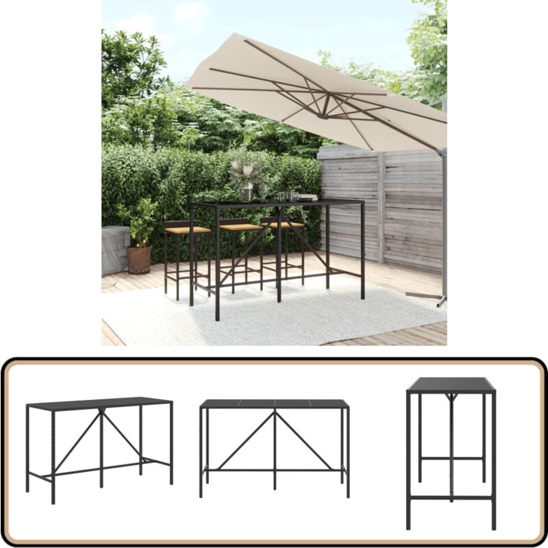 Table de bar et dessus en verre noir 180x70x110 cm poly rotin - Table De Jardin - Table Bistrot - Table De Bar - Mobilier De Jardin - Table En Verre