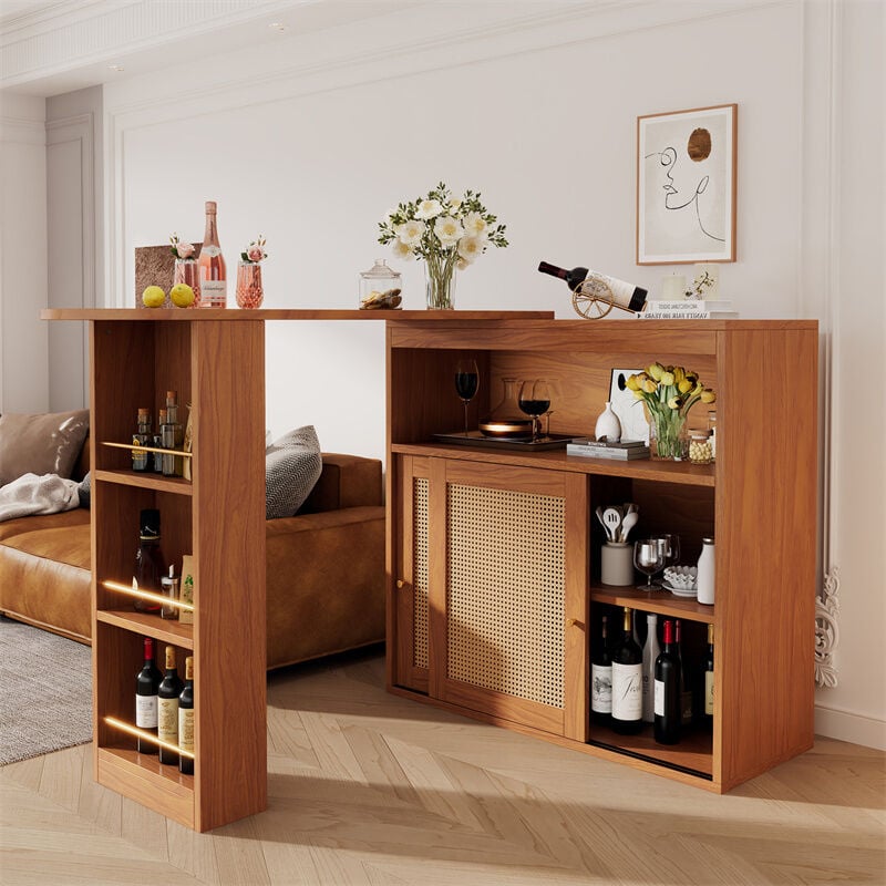 Fortuna Lai - Table de bar extensible 138-193×39×104cm, tissage en rotin sur les façades des portes, étagères réglables, avec rangements, marron