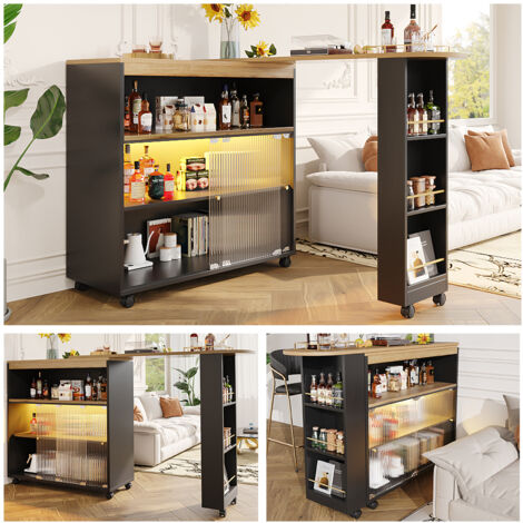 Table de bar extensible 138-204 cm avec LED rangement table haute noire moderne