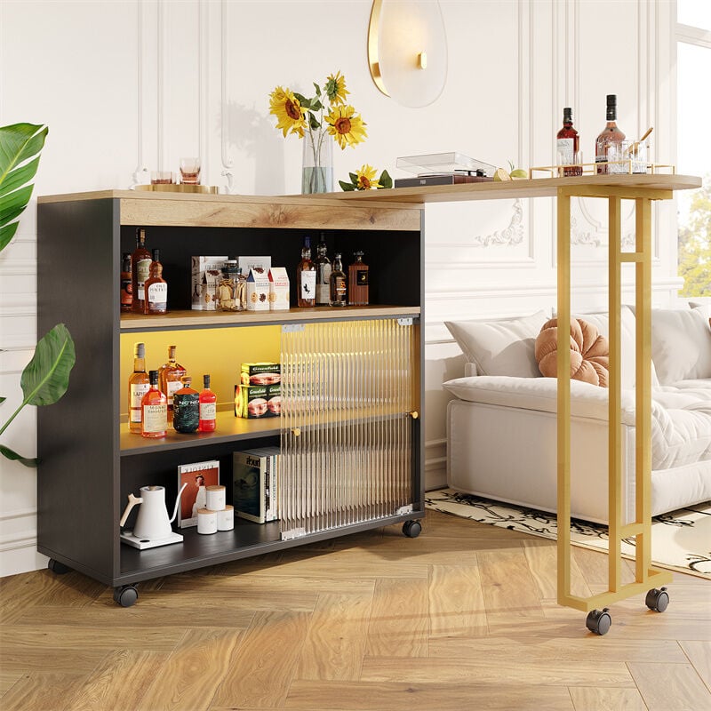 Fortuna Lai - Table de bar extensible 138-204x39x105cm - table haut mobile - table télescopique avec led - grand espace de rangement - Noir