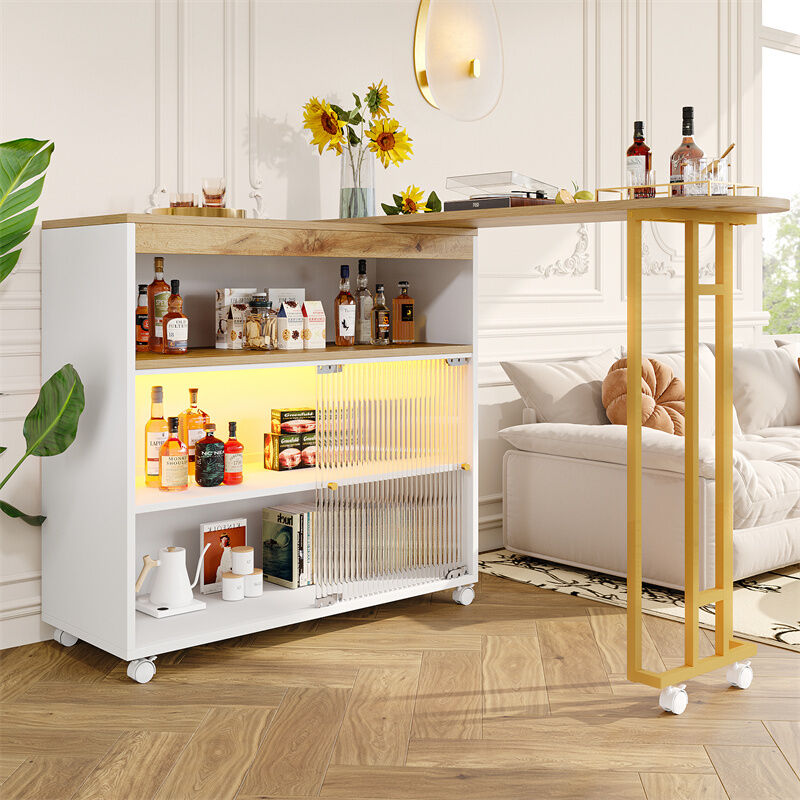 Fortuna Lai - Table de bar extensible 138-204x39x105cm - table haut mobile - table télescopique avec led - grand espace de rangement - Blanc