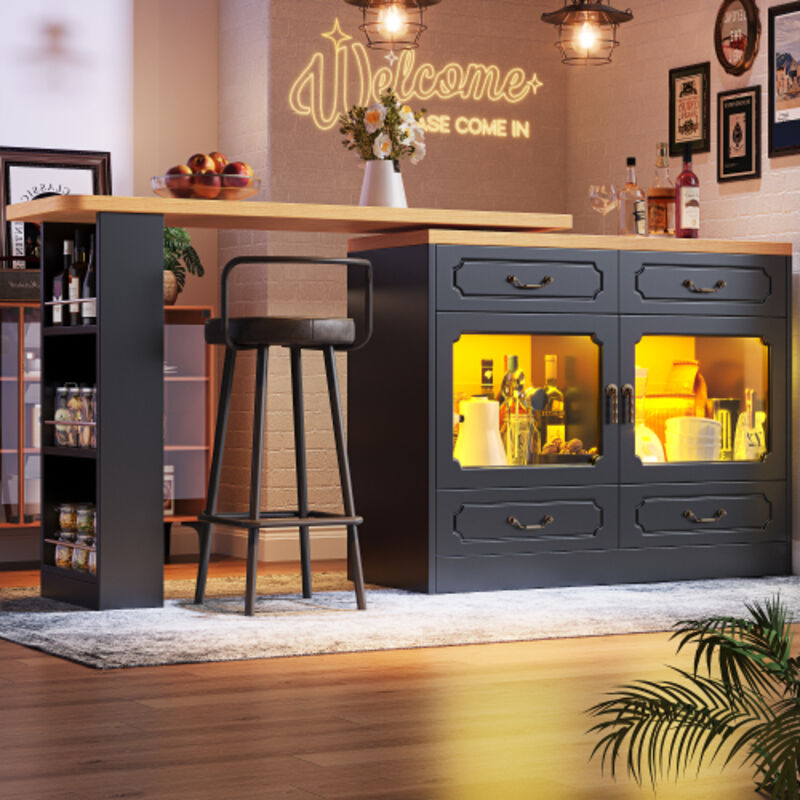 Table de bar extensible avec espace de rangement (135-203 × 39 × 92,8 cm), table à manger rotative à 360 °,salle à manger, table de bar télescopique