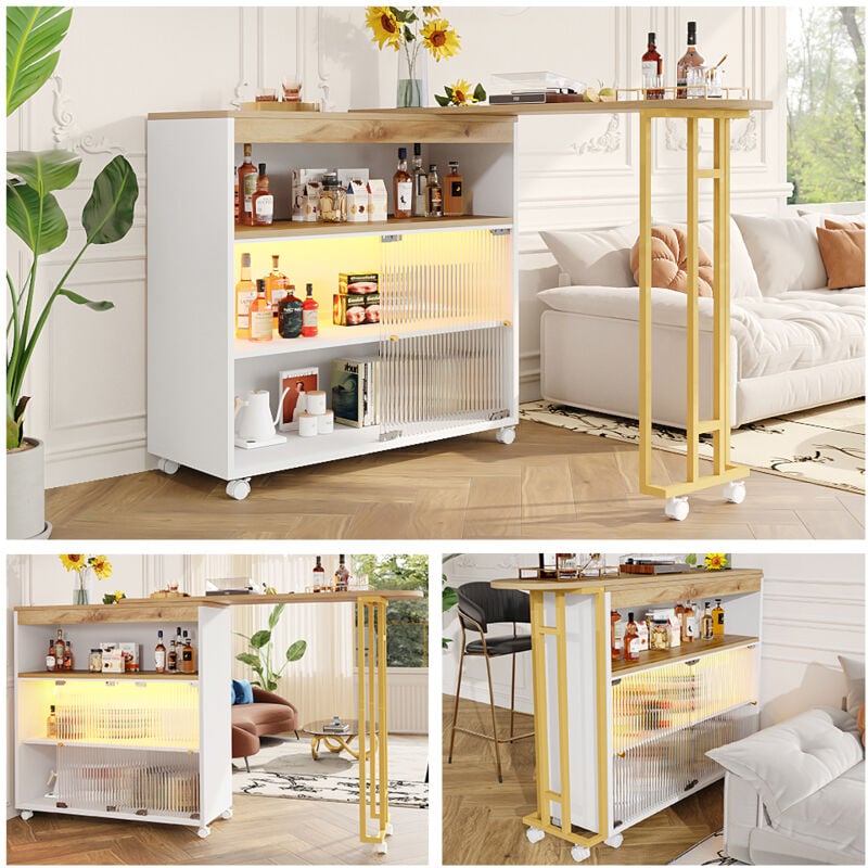 Okwish - Table de bar extensible avec espace de rangement, table de bar mobile moderne, table de bar télescopique avec led, table de bar, table de