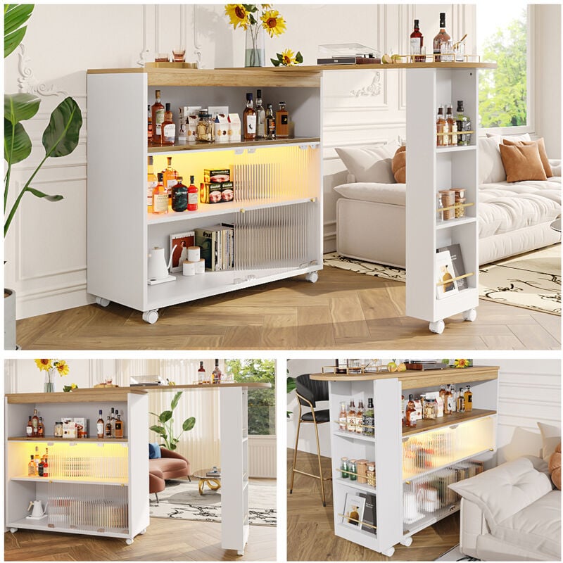 Table de bar extensible, table de bar mobile moderne, table de bar télescopique blanc avec espace de rangement et led