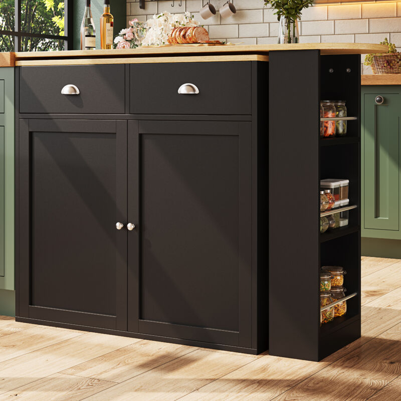 Redom - Table de bar extensible avec étagère snack et 2 tiroirs - meuble bar noir mdf - 138x39x105cm