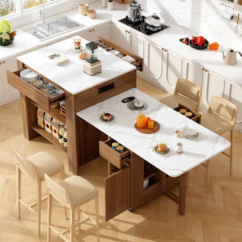 Redom - Table de bar extensible avec rangement 110-214x78x97,5 cm, îlot de cuisine avec prise de courant, finition mdf marbré, marron