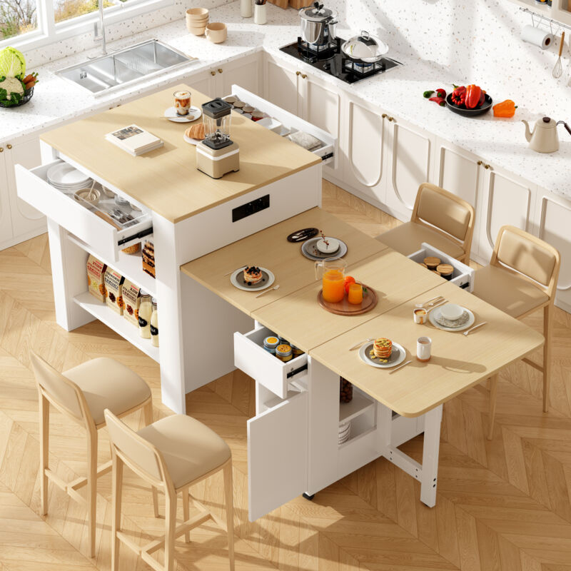 Table de bar extensible avec rangement 110-214x78x97,5 cm, îlot de cuisine avec prise de courant, plateau en mdf grain de bois, blanc