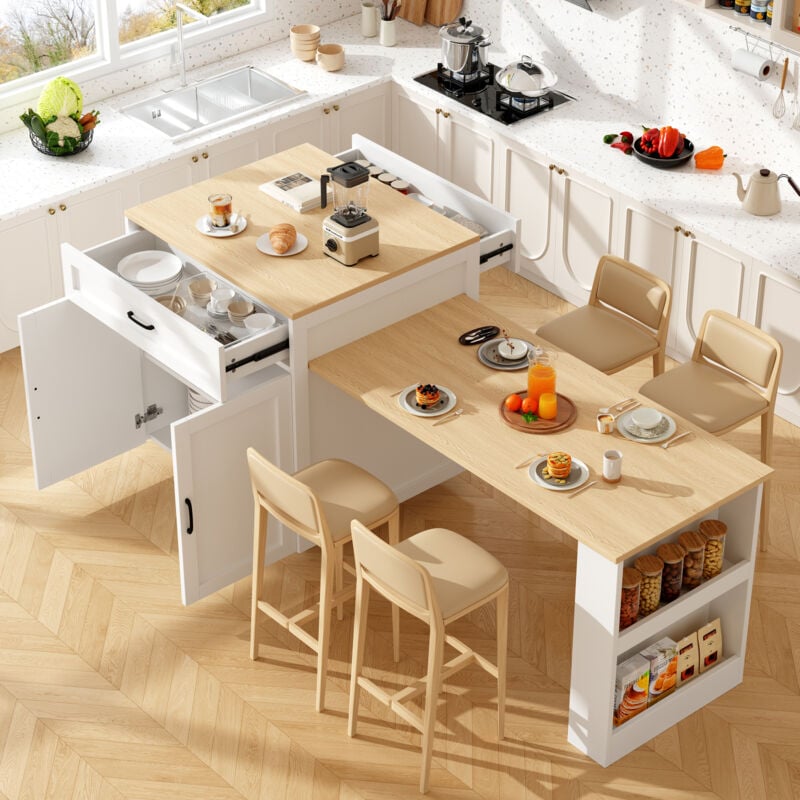 Table de bar extensible avec rangement, îlot de cuisine, avec plan de travail en mdf grain de bois, 133-202×70×93,5 cm, blanc