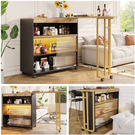 Table de bar extensible avec rangement, table de bar moderne mobile, table de bar télescopique avec LED, table haute bistro table îlot de cuisine, Noir (138-204×39×105cm)