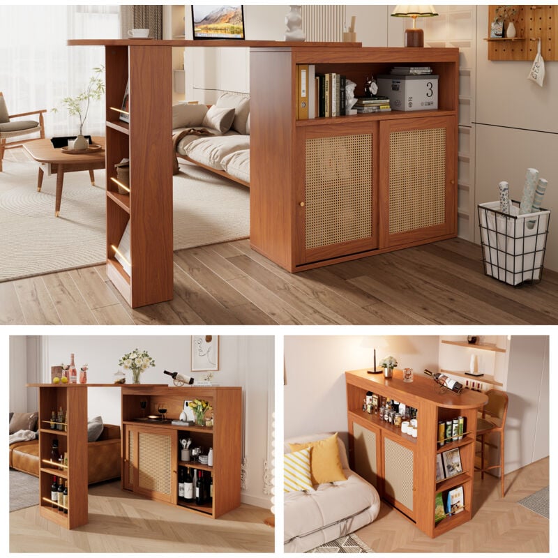 Table de bar extensible avec rangements, tissage en rotin sur les façades des portes, étagères réglables, marron