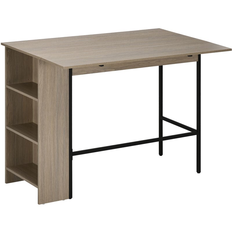 Table de bar extensible design industriel - 3 étagères intégrées - châssis métal noir aspect bois gris