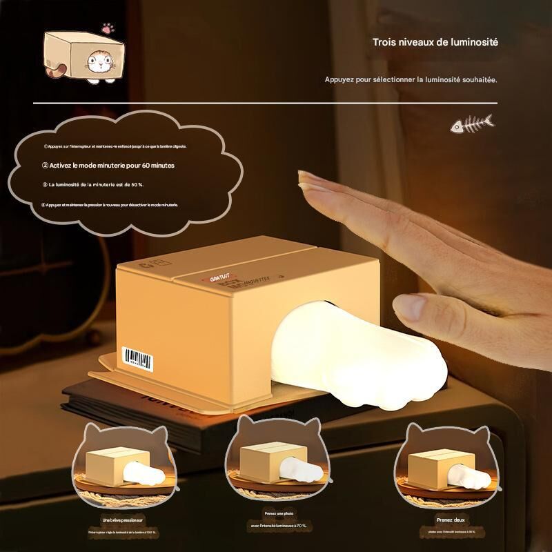 Veilleuse Patte de Chat Tactile 3 Niveaux Luminosité Support Téléphone Rechargeable