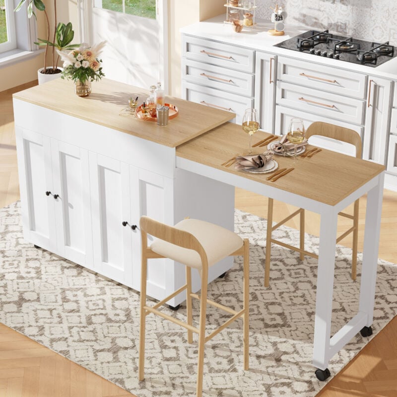 Table de bar extensible moderne (118-180×50×94cm), table à manger extensible avec espace de rangement, avec six étagères, Blanc