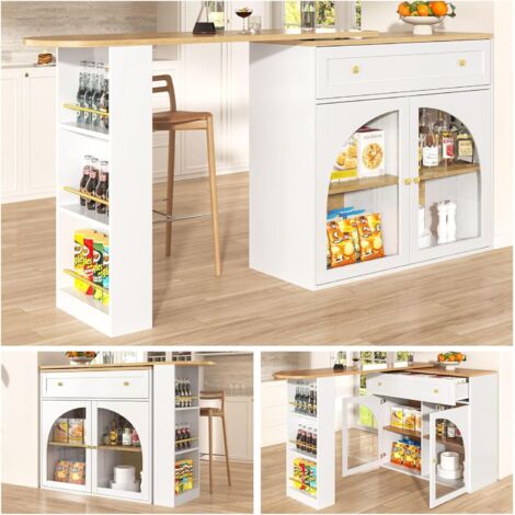 Table de Bar Haute Extensible et Mobile 360° avec Rangement, Îlot de Cuisine Bistro Moderne et Comestible, 138-204x39x104 cm , Blanc