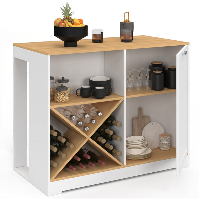 Table de bar îlot VITO 113 cm avec range-bouteilles bois blanc et plateau façon hêtre